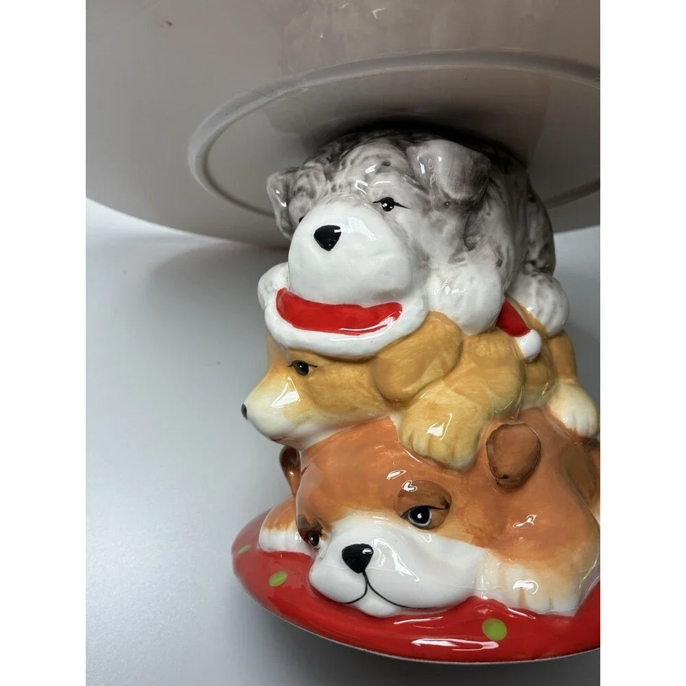 PIER 1 CAKE PLATE STACKED DOGS CHRISTMAS Park Ave. Puppies -Retired